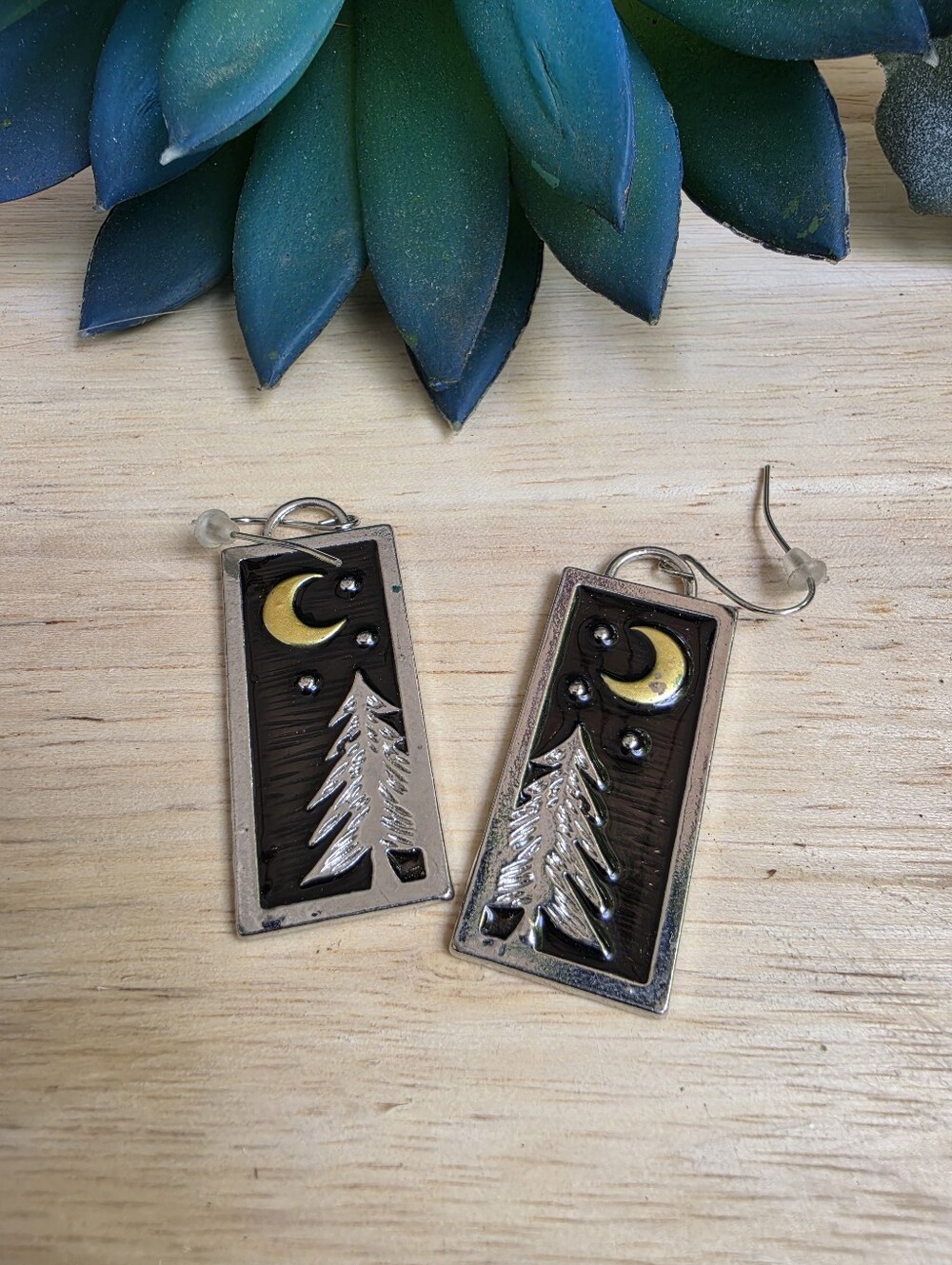 Pine Tree Moon Stars Black Night Sky Nature Scene Rectangular Earrings Gold Slvr